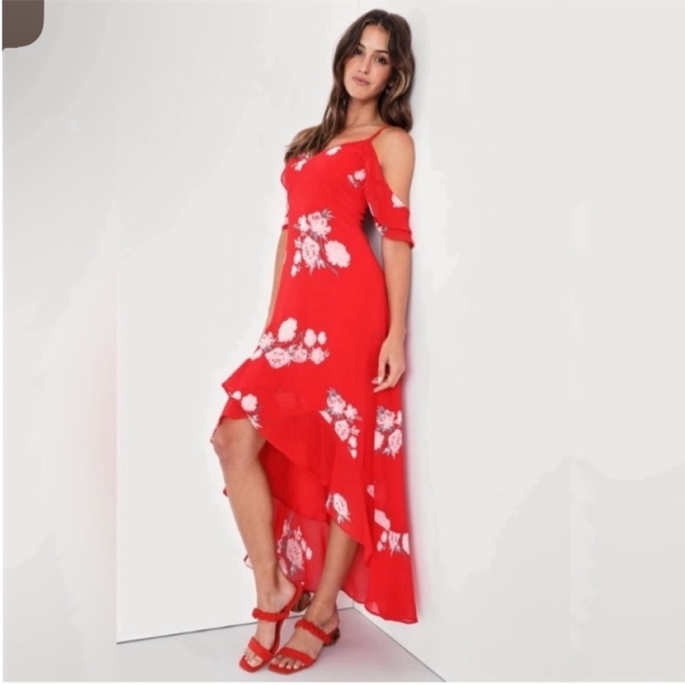 Love in Bloom Red Floral Print Off-the-Shoulder High-Low Dress LULU
